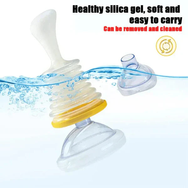 Anti-choking device parts showing suction cup, one-way valve, and airway mask design